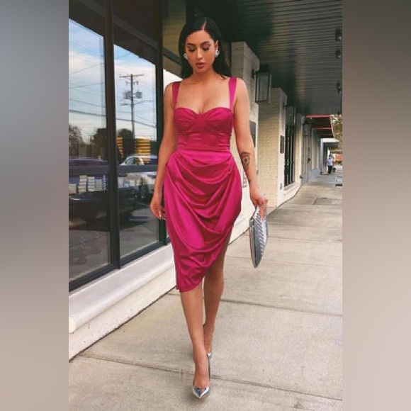 Fashion Nova | Women’s Magenta Asymmetrical Ruched Dress Size Large - Picture 5 of 16